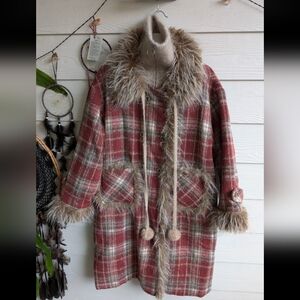 Plaid Faux Fur Trimmed Coat